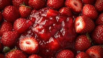 Juicy strawberries encircle a delicious, glistening strawberry jam, inviting indulgence photo