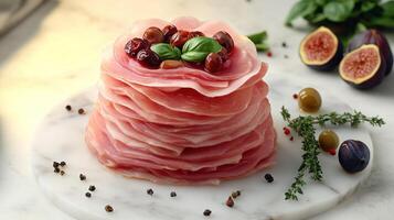 A stunning stack of ham slices topped with figs and herbs displays culinary art photo