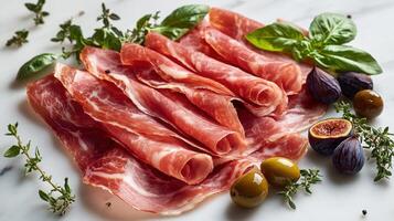 Delicious prosciutto elegantly arranged with herbs and ripe figs for a culinary delight photo