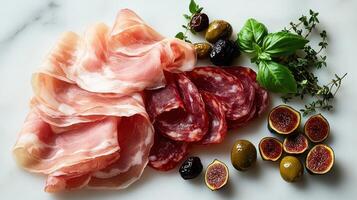 Sliced prosciutto and salami accompany fresh herbs and figs on a marble surface photo