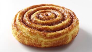 A freshly baked cinnamon roll glistens with sweet glaze on a clean surface photo