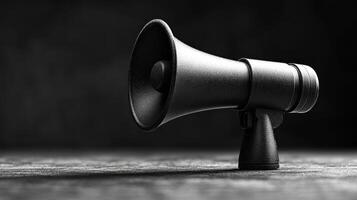 An old-fashioned megaphone stands alone, casting shadows against the background photo