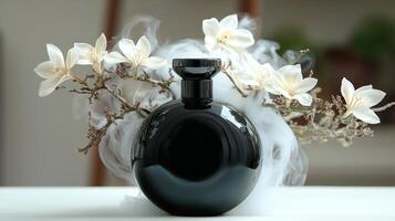 A sleek black bottle rests with white flowers, creating a peaceful atmosphere photo
