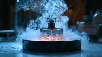 A fragrance bottle sits amidst swirling smoke, exuding an aura of intrigue and allure photo
