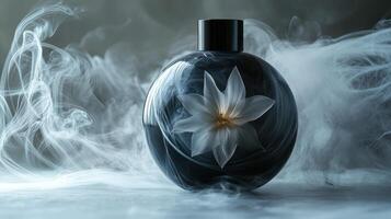 A beautiful flower rests inside a glossy bottle, surrounded by soft, swirling fog photo