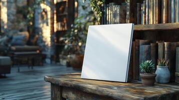 A blank canvas rests on a wooden table surrounded by lush greenery and vintage books photo