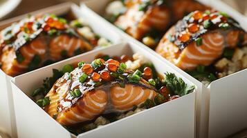 Grilled salmon fillets artfully presented with toppings in elegant takeout boxes photo