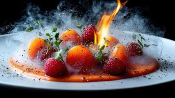 Flaming fruits and herbs create an exciting culinary spectacle under dim lighting photo