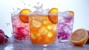 Citrusy beverages bubble over with splashes, creating a refreshing summer atmosphere photo
