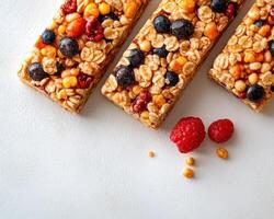 Nutritious granola bars with colorful fruits and nuts ready for a healthy snack photo