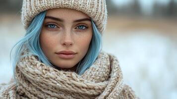 A charming individual wrapped in warm clothing stands against a serene snowy backdrop photo