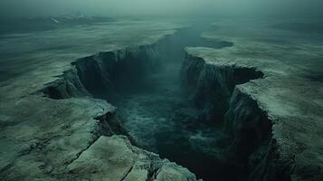 A deep, eerie canyon stretches into the distance, shrouded in mist and ice photo