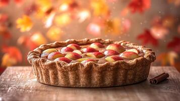 A freshly baked apple pie sits on a wooden table, surrounded by colorful autumn leaves photo