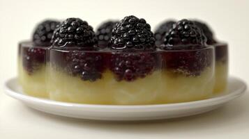 This treat features glossy black raspberries on a rich gelatin layer, inviting indulgence photo