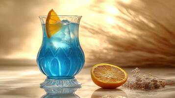 A vibrant blue drink with ice and an orange slice, illuminated by warm light photo