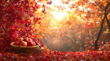 Golden sunlight streams through colorful autumn foliage surrounding a basket of apples photo