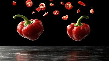 Vibrant red peppers elevate above a dark surface, with sliced bits cascading around them photo