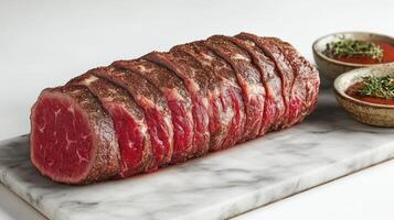 Tender slices of beef are beautifully arranged alongside rich dipping sauces photo