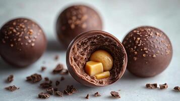 Delicious chocolate truffles reveal a surprise filling of creamy caramel and nuts photo