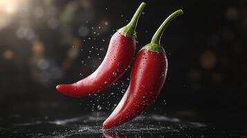 Red chilies glisten with water droplets, showcasing freshness and vitality in low light photo