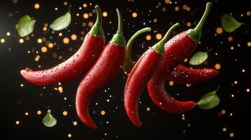Spicy red chilies and green leaves dance in a captivating display of color and texture photo