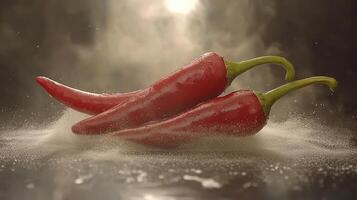 Two vibrant red chilies lie on a surface, enveloped in a soft, floury haze photo