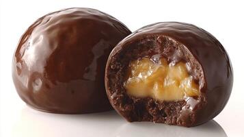 Delightful chocolate truffles reveal a luscious caramel center beneath a glossy shell photo