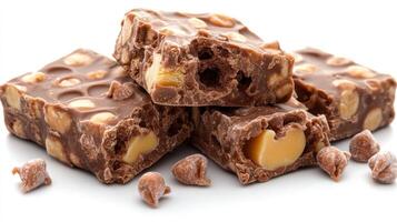 Decadent chocolate bars loaded with nuts are perfectly arranged for a delightful treat photo