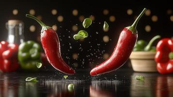 Dynamic red chilies soar above a dark surface, surrounded by droplets and greenery photo