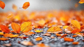 Golden orange leaves flutter down in a gentle drizzle, carpeting the wet ground photo