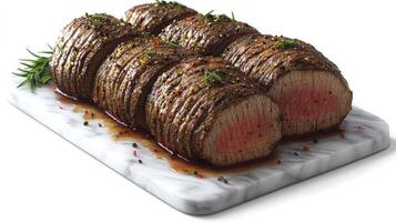 Sliced roast beef glistens with seasoning, beautifully presented with rosemary and sauce photo
