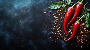 Red chili peppers accompanied by vibrant spices create an enticing culinary display photo