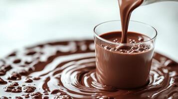 Warm chocolate fills a glass, creating delightful patterns on a rich, glossy surface photo