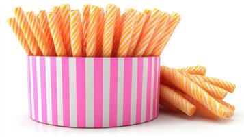Brightly colored candy sticks in a playful container create a cheerful display photo
