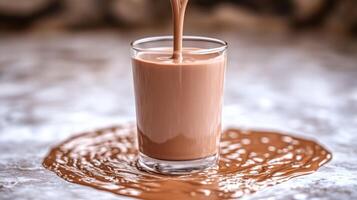 Chocolate milk flows from the glass, creating a delicious puddle on the table photo