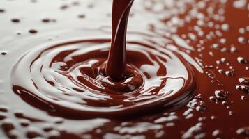 Velvety dark chocolate cascades, forming ripples and bubbles in a smooth, shiny surface photo