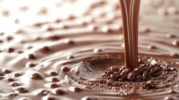 Warm chocolate cascades down, creating ripples in a silky cocoa pool, inviting indulgence photo