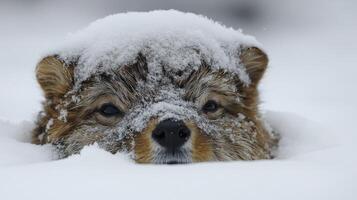 A fox inquisitively rises from the snow, showcasing its striking features in winter photo