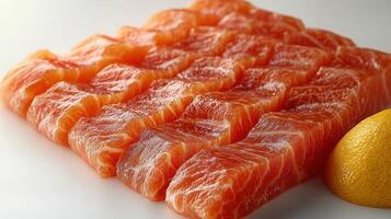 Salmon fillets are neatly arranged with a lemon slice enhancing the presentation photo