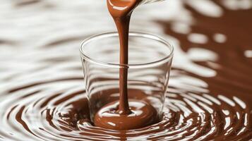 Thick chocolate flows into a glass, sending ripples through glossy liquid chocolate photo