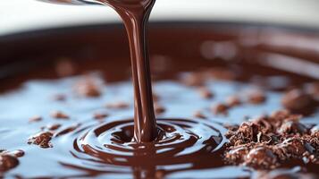Mouthwatering chocolate pours elegantly into a bowl, creating ripples of indulgence photo