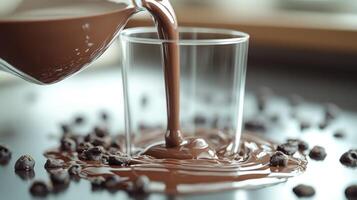 A smooth cascade of chocolate flows into a glass, spilling onto the surface below photo