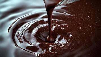 Dark chocolate flows steadily, creating mesmerizing ripples in a luxurious liquid mass photo