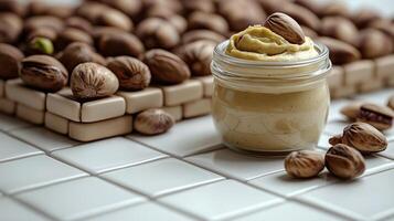 Pistachio spread elegantly displayed in a jar, surrounded by raw nuts on tiles photo