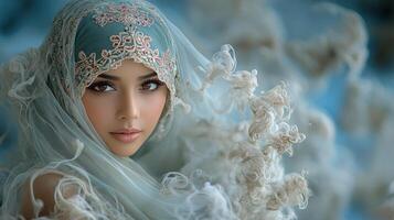 A woman gracefully embraces the soft, flowing fabric around her while wearing a hijab photo