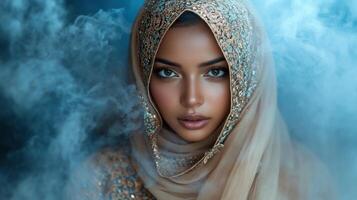 A mesmerizing woman in ornate attire stands gracefully amidst swirling smoke photo