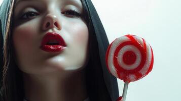 A model in dark attire holds a vibrant lollipop, exuding playful charm and intrigue photo