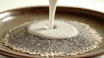 A rich sauce flows delicately over a mound of sesame seeds, creating a culinary delight photo