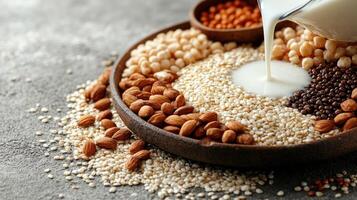 Nuts and grains are artfully displayed with creamy liquid flowing over them photo