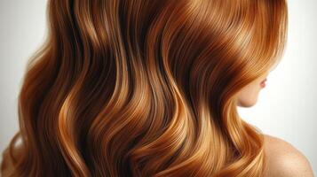 Beautiful wavy auburn hair shines brightly, showcasing its rich tones and texture photo